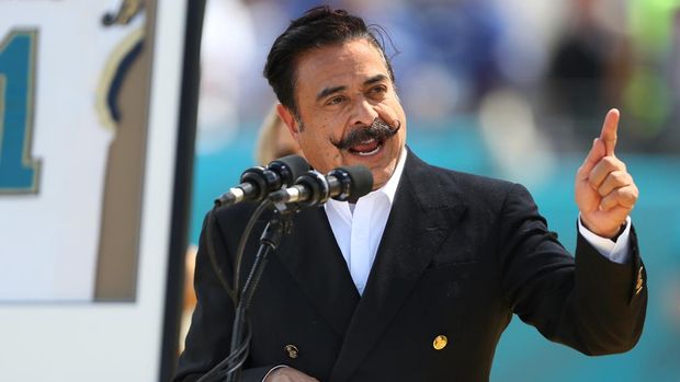 JACKSONVILLE, FLORIDA - OCTOBER 09: Jacksonville Jaguars owner Shad Khan speaks during former player Tony Boselli's Hall of Fame induction ceremony at TIAA Bank Field on October 09, 2022 in Jacksonville, Florida. (Photo by Courtney Culbreath/Getty Images)