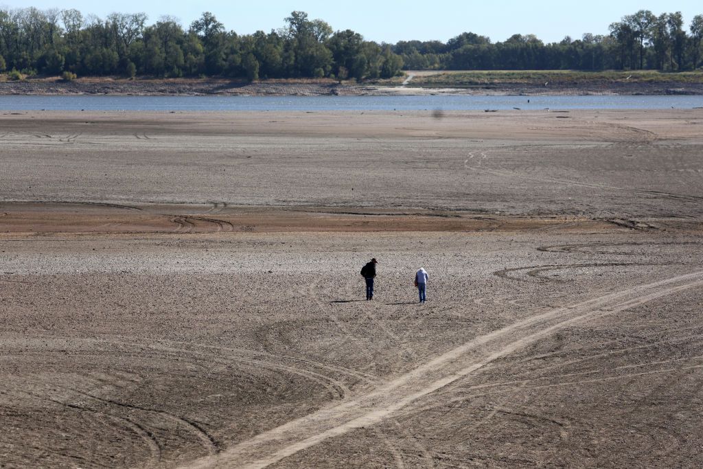 PORTAGEVILLE, MISSOURI - OCTOBER 18: Treasure hunters comb the shoreline of the Mississippi River after it was exposed by low water levels on October 18, 2022 near Portageville, Missouri. Lack of rain in the Ohio River Valley and along the Upper Mississippi has caused the Mississippi River south of the confluence of the Ohio River to reach near record low levels. This condition is wreaking havoc with barge traffic, driving up shipping prices and threatening crop exports and fertilizer shipments as the soybean and corn harvest gets into full swing. (Photo by Scott Olson/Getty Images)