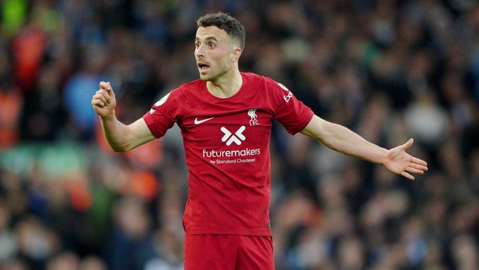 Liverpools Diogo Jota gestures during the Premier League match at Anfield, Liverpool. Picture date: Sunday October 16, 2022. (Photo by Peter Byrne/PA Images via Getty Images)