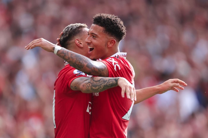 Jadon Sancho-Antony Antony of Manchester United (L) celebrates with Jadon Sancho of Manchester United after scoring their 1st goal during the Premier League match between Manchester United and Arsenal FC at Old Trafford on September 4, 2022 in Manchester, United Kingdom. (Photo by Simon Stacpoole/Offside/Offside via Getty Images)