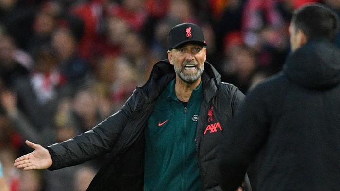 Liverpools German manager Jurgen Klopp reacts on the touchline and is subsequently sent off during the English Premier League football match between Liverpool and Manchester City at Anfield in Liverpool, north west England on October 16, 2022. - - RESTRICTED TO EDITORIAL USE. No use with unauthorized audio, video, data, fixture lists, club/league logos or live services. Online in-match use limited to 120 images. An additional 40 images may be used in extra time. No video emulation. Social media in-match use limited to 120 images. An additional 40 images may be used in extra time. No use in betting publications, games or single club/league/player publications. (Photo by Oli SCARFF / AFP) / RESTRICTED TO EDITORIAL USE. No use with unauthorized audio, video, data, fixture lists, club/league logos or live services. Online in-match use limited to 120 images. An additional 40 images may be used in extra time. No video emulation. Social media in-match use limited to 120 images. An additional 40 images may be used in extra time. No use in betting publications, games or single club/league/player publications. / RESTRICTED TO EDITORIAL USE. No use with unauthorized audio, video, data, fixture lists, club/league logos or live services. Online in-match use limited to 120 images. An additional 40 images may be used in extra time. No video emulation. Social media in-match use limited to 120 images. An additional 40 images may be used in extra time. No use in betting publications, games or single club/league/player publications. (Photo by OLI SCARFF/AFP via Getty Images)