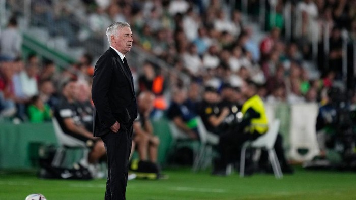 Carlo Ancelotti head coach of Real Madrid looks during the La Liga Santander match between Elche CF and Real Madrid CF at Estadio Manuel Martinez Valero on October 19, 2022 in Elche, Spain. (Photo by Jose Breton/Pics Action/NurPhoto via Getty Images)