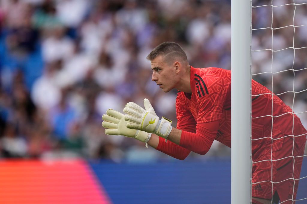 Andriy Lunin goalkeeper of Real Madrid and Ukraine gives instructions during the La Liga Santander match between Real Madrid CF and FC Barcelona at Estadio Santiago Bernabeu on October 16, 2022 in Madrid, Spain. (Photo by Jose Breton/Pics Action/NurPhoto via Getty Images)