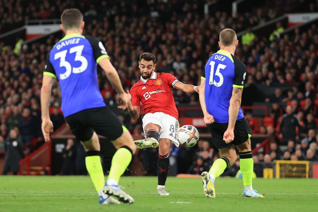 MANCHESTER, ENGLAND - OCTOBER 19: Bruno Fernandes of Manchester United celebrates scoring their 2nd goal during the Premier League match between Manchester United and Tottenham Hotspur at Old Trafford on October 19, 2022 in Manchester, United Kingdom. (Photo by Simon Stacpoole/Offside/Offside via Getty Images)
