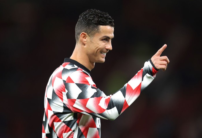 MANCHESTER, ENGLAND - OCTOBER 19: Cristiano Ronaldo of Manchester United during the warm up in the Premier League match between Manchester United and Tottenham Hotspur at Old Trafford on October 19, 2022 in Manchester, England. (Photo by Alex Pantling/Getty Images)