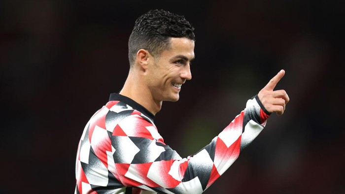 MANCHESTER, ENGLAND - OCTOBER 19: Cristiano Ronaldo of Manchester United during the warm up in the Premier League match between Manchester United and Tottenham Hotspur at Old Trafford on October 19, 2022 in Manchester, England. (Photo by Alex Pantling/Getty Images)