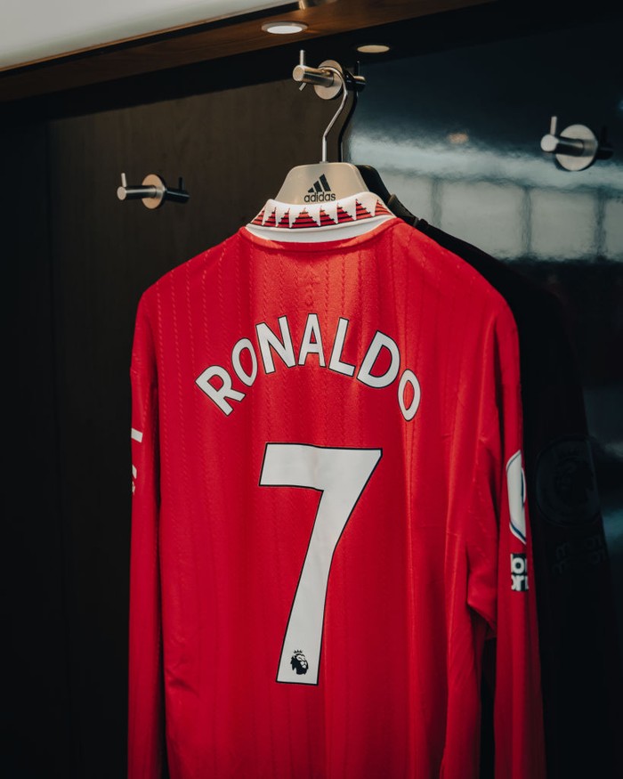 MANCHESTER, ENGLAND - OCTOBER 19:   General View of Cristiano Ronaldo of Manchester Uniteds kit inside the dressing room prior to the Premier League match between Manchester United and Tottenham Hotspur at Old Trafford on October 19, 2022 in Manchester, United Kingdom. (Photo by Ash Donelon/Manchester United via Getty Images)