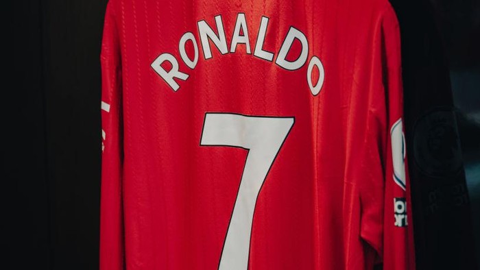 MANCHESTER, ENGLAND - OCTOBER 19:   General View of Cristiano Ronaldo of Manchester Uniteds kit inside the dressing room prior to the Premier League match between Manchester United and Tottenham Hotspur at Old Trafford on October 19, 2022 in Manchester, United Kingdom. (Photo by Ash Donelon/Manchester United via Getty Images)