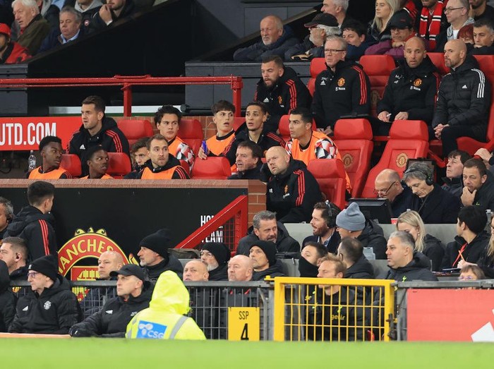 MANCHESTER, ENGLAND - OCTOBER 19: Cristiano Ronaldo of Manchester United on the bench during the Premier League match between Manchester United and Tottenham Hotspur at Old Trafford on October 19, 2022 in Manchester, United Kingdom. (Photo by Simon Stacpoole/Offside/Offside via Getty Images)