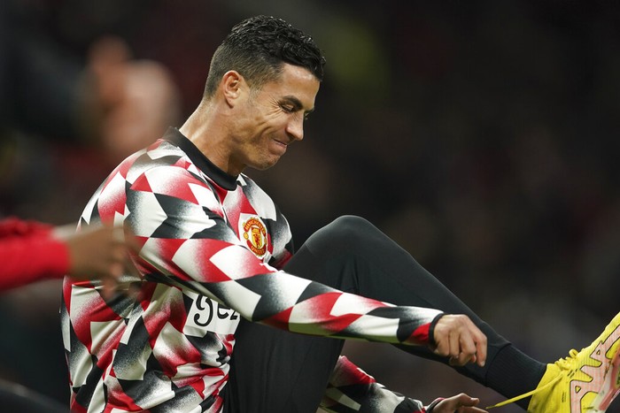 Manchester Uniteds Cristiano Ronaldo warms up ahead of the English Premier League soccer match between Manchester United and Tottenham Hotspur at Old Trafford in Manchester, England, Wednesday, Oct. 19, 2022. (AP Photo/Dave Thompson)