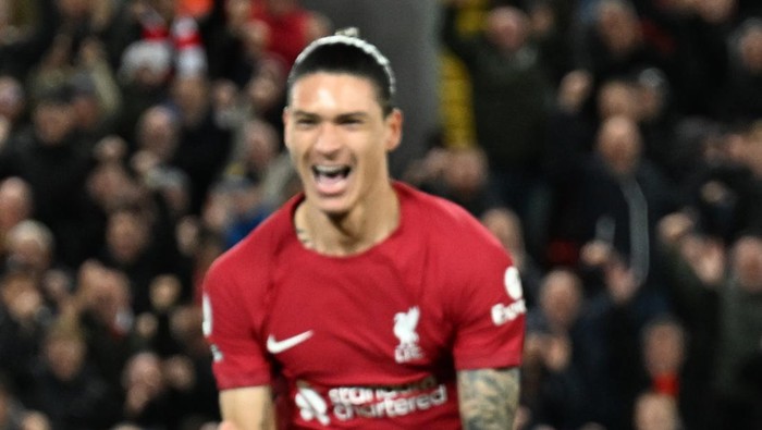 LIVERPOOL, ENGLAND - OCTOBER 19: (THE SUN OUT,THE SUN ON SUNDAY OUT ) Darwin Nunez of Liverpool celebrates after scoring the first goal  during the Premier League match between Liverpool FC and West Ham United at Anfield on October 19, 2022 in Liverpool, England. (Photo by Andrew Powell/Liverpool FC via Getty Images)