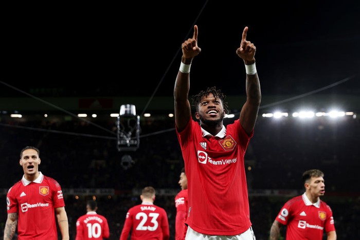 MANCHESTER, ENGLAND - OCTOBER 19: Fred of Manchester United celebrates after scoring their sides first goal during the Premier League match between Manchester United and Tottenham Hotspur at Old Trafford on October 19, 2022 in Manchester, England. (Photo by Alex Pantling/Getty Images)