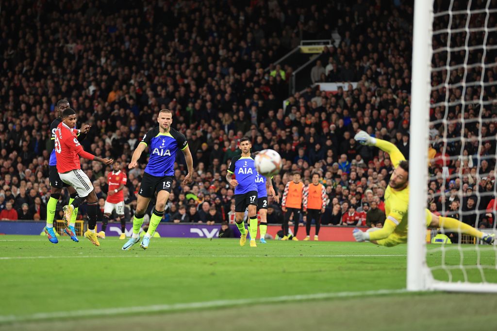 MANCHESTER, ENGLAND - OCTOBER 19: Tottenham goalkeeper Hugo Lloris saves a shot from Marcus Rashford of Manchester United during the Premier League match between Manchester United and Tottenham Hotspur at Old Trafford on October 19, 2022 in Manchester, United Kingdom. (Photo by Simon Stacpoole/Offside/Offside via Getty Images)