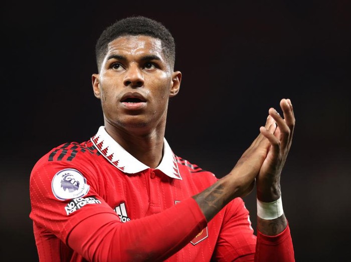 MANCHESTER, ENGLAND - OCTOBER 19: Marcus Rashford of Manchester United applauds the fans after their sides victory during the Premier League match between Manchester United and Tottenham Hotspur at Old Trafford on October 19, 2022 in Manchester, England. (Photo by Alex Pantling/Getty Images)