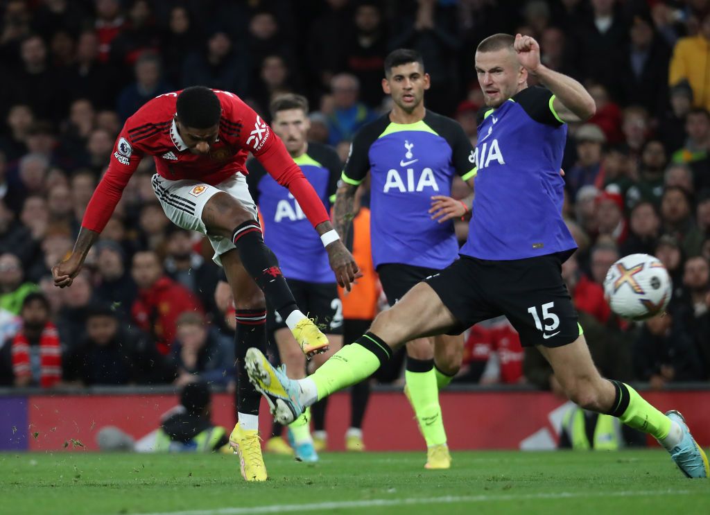 MANCHESTER, ENGLAND - OCTOBER 19: Marcus Rashford of Manchester United applauds the fans after their sides victory during the Premier League match between Manchester United and Tottenham Hotspur at Old Trafford on October 19, 2022 in Manchester, England. (Photo by Alex Pantling/Getty Images)