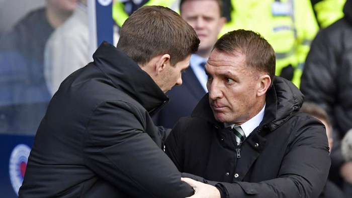 29/12/18 LADBROKES PREMIERSHIP.RANGERS v CELTIC.IBROX - GLASGOW.Celtic manager Brendan Rodgers (right) with Rangers manager Steven Gerrard pre match   (Photo by Rob Casey/SNS Group via Getty Images)