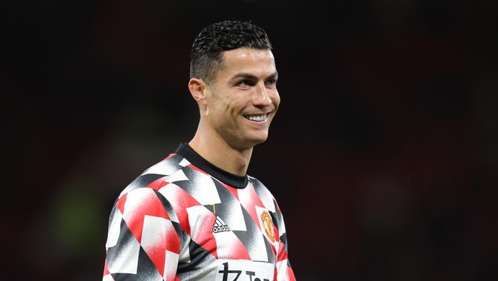 MANCHESTER, ENGLAND - OCTOBER 19: Cristiano Ronaldo of Manchester United during the warm up in the Premier League match between Manchester United and Tottenham Hotspur at Old Trafford on October 19, 2022 in Manchester, England. (Photo by Alex Pantling/Getty Images)