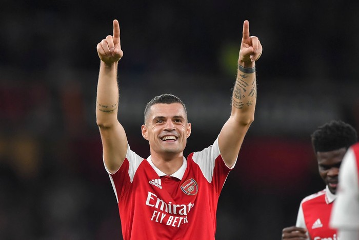 Granit Xhaka  Granit Xhaka of Arsenal celebrates after scoring his team's first goal during the UEFA Europa League group A match between Arsenal FC and PSV Eindhoven at Emirates Stadium on October 20, 2022 in London, United Kingdom. (Photo by Vincent Mignott/DeFodi Images via Getty Images)