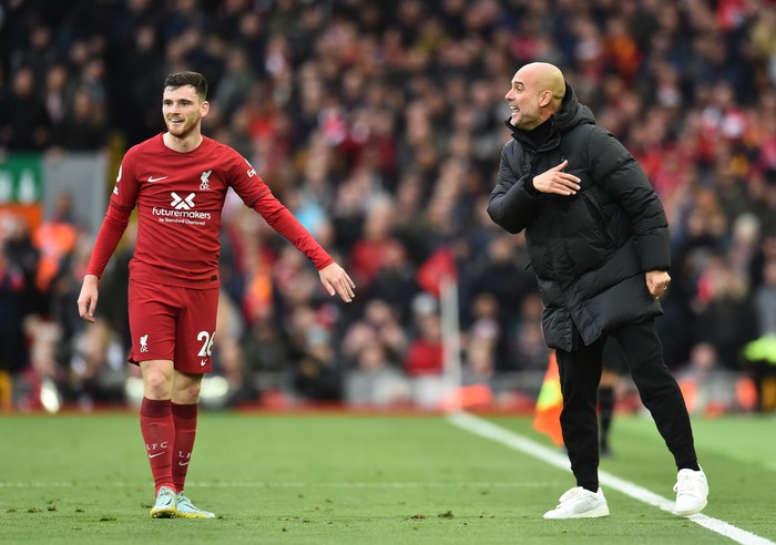 LIVERPOOL, ENGLAND - OCTOBER 16:  ( THE SUN OUT ,THE SUN ON SUNDAY OUT ) Pep Guardiola manager of Manchester City  during the Premier League match between Liverpool FC and Manchester City at Anfield on October 16, 2022 in Liverpool, England. (Photo by Andrew Powell/Liverpool FC via Getty Images)