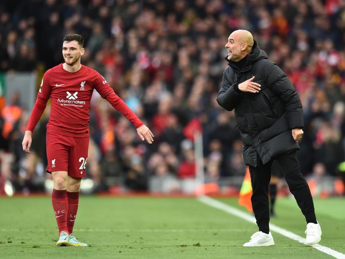 LIVERPOOL, ENGLAND - OCTOBER 16:  ( THE SUN OUT ,THE SUN ON SUNDAY OUT ) Pep Guardiola manager of Manchester City  during the Premier League match between Liverpool FC and Manchester City at Anfield on October 16, 2022 in Liverpool, England. (Photo by Andrew Powell/Liverpool FC via Getty Images)