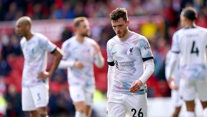 Liverpools Andrew Robertson appears dejected during the Premier League match at the City Ground, Nottingham. Picture date: Saturday October 22, 2022. (Photo by Joe Giddens/PA Images via Getty Images)