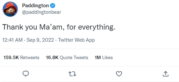 Tangkapan layar tweet dari akun Paddington @paddingtonbear sebagai bentuk penghormatan kepada mendiang Ratu Elizabeth II/Dokumentasi Beautynesia/Anindya Milagsita Foto screenshoot tweet Paddington di twitternya untuk mendiang Ratu Elizabeth II.