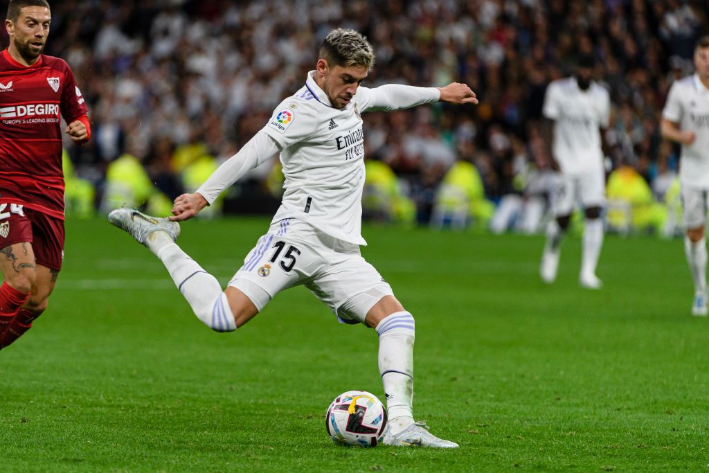 Federico Valverde of Real Madrid Cf attempts a kick during a match between Real Madrid v Sevilla FC as part of LaLiga in Madrid, Spain, on October 22, 2022. (Photo by Alvaro Medranda/NurPhoto via Getty Images)