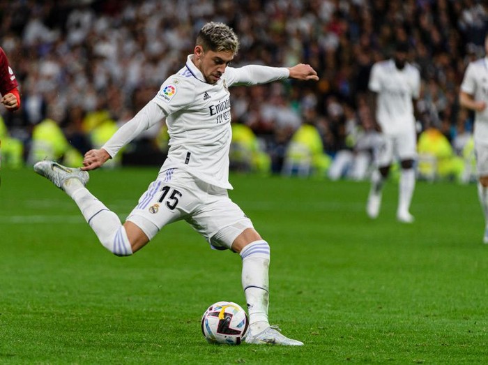 Federico Valverde of Real Madrid Cf attempts a kick during a match between Real Madrid v Sevilla FC as part of LaLiga in Madrid, Spain, on October 22, 2022. (Photo by Alvaro Medranda/NurPhoto via Getty Images)