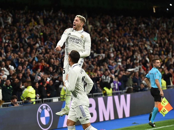 Federico Valverde of Real Madrid Cf attempts a kick during a match between Real Madrid v Sevilla FC as part of LaLiga in Madrid, Spain, on October 22, 2022. (Photo by Alvaro Medranda/NurPhoto via Getty Images)