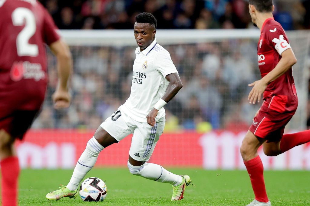 MADRID, SPAIN - OCTOBER 22: Vinicius Junior of Real Madrid  during the La Liga Santander  match between Real Madrid v Sevilla at the Estadio Santiago Bernabeu on October 22, 2022 in Madrid Spain (Photo by David S. Bustamante/Soccrates/Getty Images)