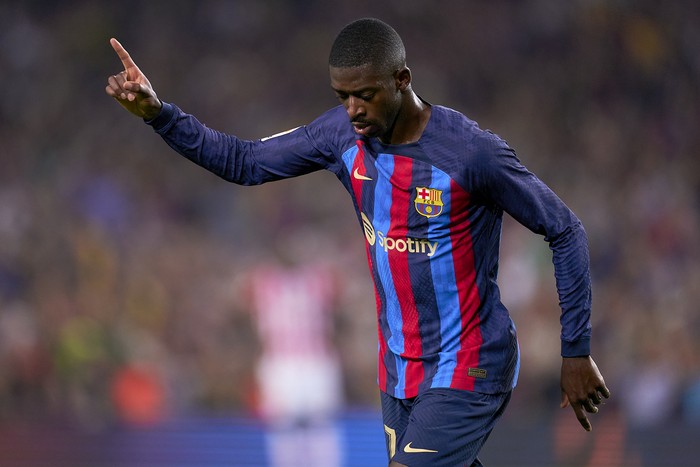 BARCELONA, SPAIN - OCTOBER 23: Ousmane Dembele of FC Barcelona celebrates after scoring his teams first goal during the LaLiga Santander match between FC Barcelona and Athletic Club at Spotify Camp Nou on October 23, 2022 in Barcelona, Spain. (Photo by Pedro Salado/Quality Sport Images/Getty Images)