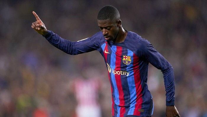 BARCELONA, SPAIN - OCTOBER 23: Ousmane Dembele of FC Barcelona celebrates after scoring his teams first goal during the LaLiga Santander match between FC Barcelona and Athletic Club at Spotify Camp Nou on October 23, 2022 in Barcelona, Spain. (Photo by Pedro Salado/Quality Sport Images/Getty Images)