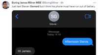 Akun parodi James Milner mengirim pesan ke Gerrard soal permainan impresif Aston Villa lawan Brentford, tapi tidak digubris legenda Liverpool itu. Astaga... (Foto: Twitter)
