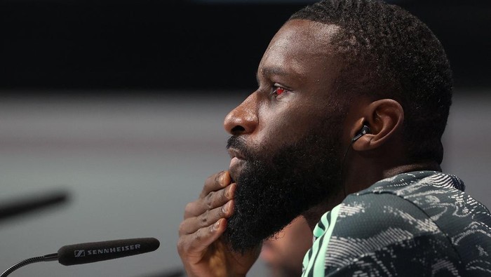Real Madrids German defender Antonio Rudiger addresses a press conference on the eve of the UEFA Champions League Group F football match between RB Leipzig and Real Madrid, at the RB Leipzig Football Academy in Leipzig, eastern Germany on October 24, 2022. (Photo by Ronny Hartmann / AFP) (Photo by RONNY HARTMANN/AFP via Getty Images)