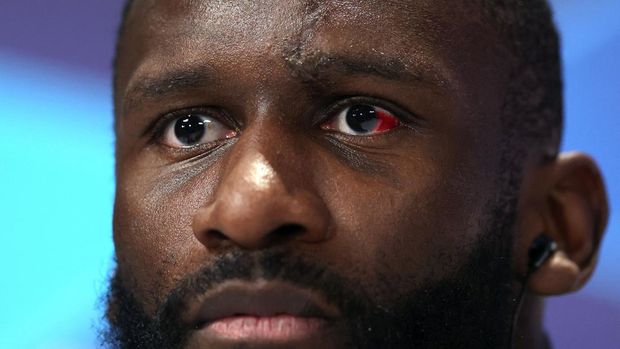 Real Madrid's German defender Antonio Rudiger addresses a press conference on the eve of the UEFA Champions League Group F football match between RB Leipzig and Real Madrid, at the RB Leipzig Football Academy in Leipzig, eastern Germany on October 24, 2022. (Photo by Ronny Hartmann / AFP) (Photo by RONNY HARTMANN/AFP via Getty Images)
