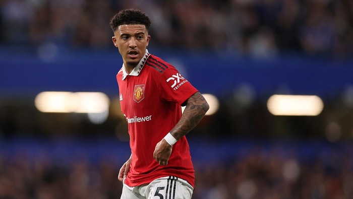 LONDON, ENGLAND - OCTOBER 22: Jadon Sancho of Manchester United looks on during the Premier League match between Chelsea FC and Manchester United at Stamford Bridge on October 22, 2022 in London, England. (Photo by Manchester United/Manchester United via Getty Images)