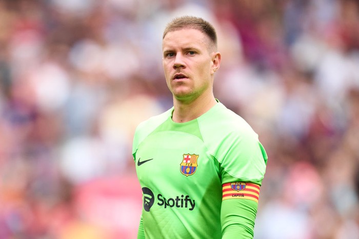 BARCELONA, SPAIN - SEPTEMBER 17: Marc-Andre Ter Stegen of FC Barcelona looks on during the LaLiga Santander match between FC Barcelona and Elche CF at Spotify Camp Nou on September 17, 2022 in Barcelona, Spain. (Photo by Alex Caparros/Getty Images)