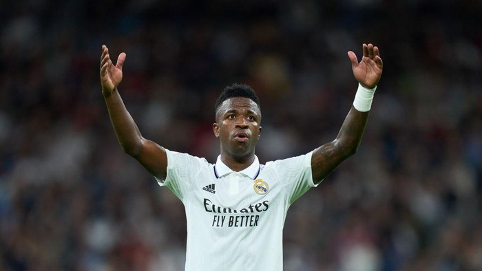 MADRID, SPAIN - OCTOBER 22: Vinicius Junior of Real Madrid reacts during the LaLiga Santander match between Real Madrid CF and Sevilla FC at Estadio Santiago Bernabeu on October 22, 2022 in Madrid, Spain. (Photo by Angel Martinez/Getty Images)