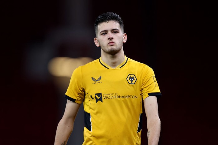 MANCHESTER, ENGLAND - MARCH 09: Justin Hubner of Wolverhampton Wanderers walks off the pitch following his teams defeat during the FA Youth Cup match between Manchester United and Wolverhampton Wanderers at Old Trafford on March 09, 2022 in Manchester, England. (Photo by Jack Thomas - WWFC/Wolves via Getty Images)