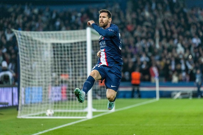 Lionel Messi PARIS, FRANCE - OCTOBER 25: Lionel Messi of Paris Saint-Germain celebrates after scoring opening goal during the UEFA Champions League group H match between Paris Saint-Germain and Maccabi Haifa FC at Parc des Princes on October 25, 2022 in Paris, France. (Photo by Sebastian Frej/MB Media/Getty Images)
