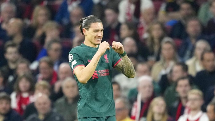 Liverpools Darwin Nunez celebrates after scoring his sides second goal during the Champions League group A soccer match between Ajax and Liverpool at the Johan Cruyff ArenA in Amsterdam, Netherlands, Wednesday, Oct. 26, 2022. (AP Photo/Peter Dejong)