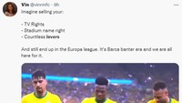 Fans rival yang geram dengan aktivasi tuas ekonomi Barcelona amat menikmati jeblosnya Blaugrana ke Liga Europa. (Foto: Twitter)