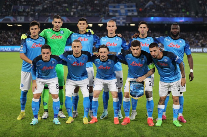 NAPLES, ITALY - OCTOBER 26: Leo Skiri Ostigard of SSC Napoli celebrates with team mates after scoring the third goal of his team during the UEFA Champions League group A match between SSC Napoli and Rangers FC at Stadio Diego Armando Maradona on October 26, 2022 in Naples, Italy. (Photo by MB Media/Getty Images)