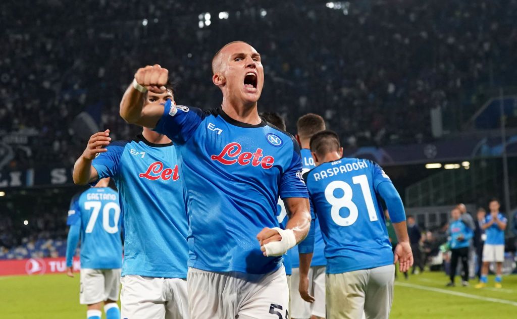 NAPLES, ITALY - OCTOBER 26: Leo Skiri Ostigard of SSC Napoli celebrates with team mates after scoring the third goal of his team during the UEFA Champions League group A match between SSC Napoli and Rangers FC at Stadio Diego Armando Maradona on October 26, 2022 in Naples, Italy. (Photo by MB Media/Getty Images)
