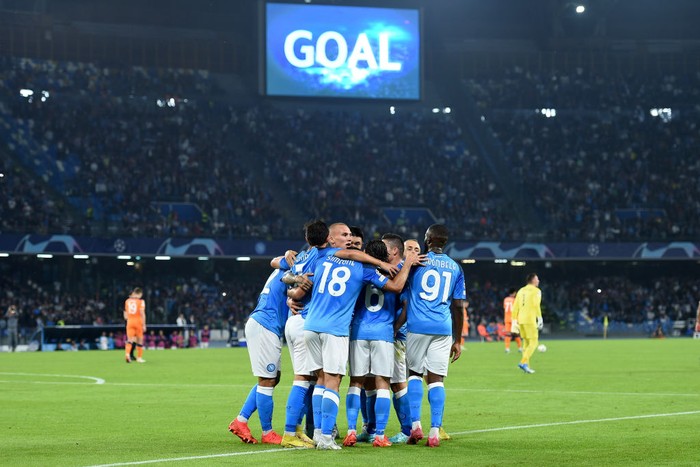 Giovanni Simeone of SSC Napoli celebrates after scoring during the UEFA Champions League match between SSC Napoli and Rangers FC at Stadio San Paolo Naples Italy on 26 October 2022. (Photo by Franco Romano/NurPhoto via Getty Images)