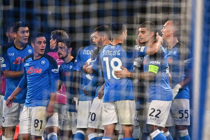 Napoli NAPLES, ITALY - OCTOBER 26: Leo Skiri Ostigard of SSC Napoli celebrates with team mates after scoring the third goal of his team during the UEFA Champions League group A match between SSC Napoli and Rangers FC at Stadio Diego Armando Maradona on October 26, 2022 in Naples, Italy. (Photo by MB Media/Getty Images)