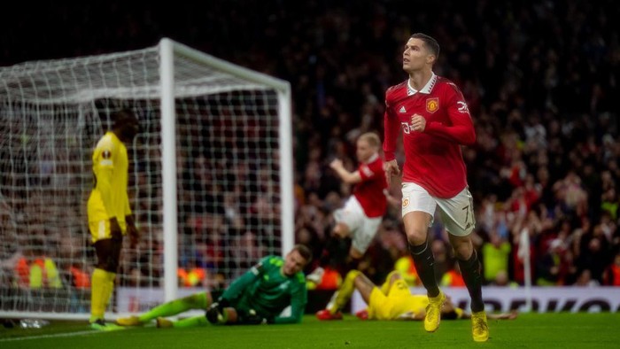 MANCHESTER, ENGLAND - OCTOBER 27:  Cristiano Ronaldo of Manchester United celebrates scoring a goal to make the score 3-0 during the UEFA Europa League group E match between Manchester United and Sheriff Tiraspol at Old Trafford on October 27, 2022 in Manchester, United Kingdom. (Photo by Ash Donelon/Manchester United via Getty Images)