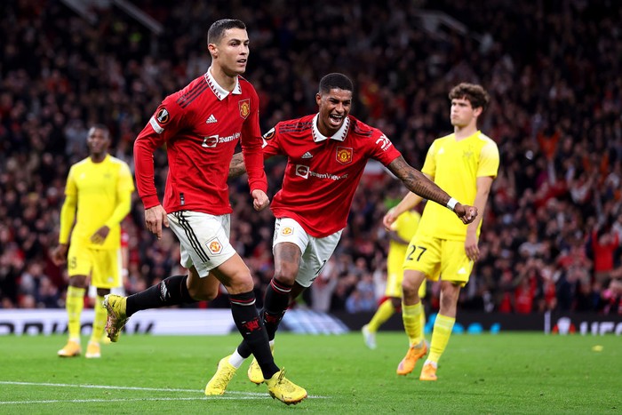 MANCHESTER, ENGLAND - OCTOBER 27: Cristiano Ronaldo of Manchester United celebrates after scoring their teams third goal during the UEFA Europa League group E match between Manchester United and Sheriff Tiraspol at Old Trafford on October 27, 2022 in Manchester, England. (Photo by Naomi Baker/Getty Images)