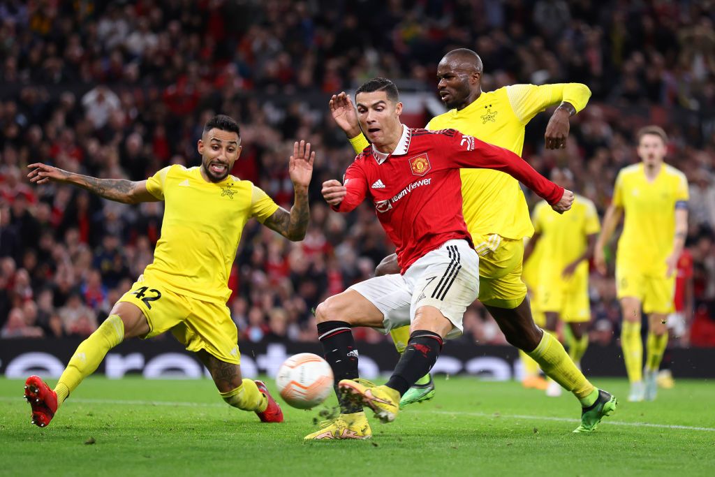 MANCHESTER, ENGLAND - OCTOBER 27: Cristiano Ronaldo of Manchester United celebrates after scoring their team's third goal during the UEFA Europa League group E match between Manchester United and Sheriff Tiraspol at Old Trafford on October 27, 2022 in Manchester, England. (Photo by Naomi Baker/Getty Images)