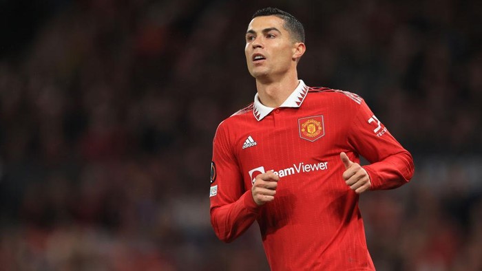 MANCHESTER, ENGLAND - OCTOBER 27: Cristiano Ronaldo of Manchester United celebrates after scoring their teams third goal during the UEFA Europa League group E match between Manchester United and Sheriff Tiraspol at Old Trafford on October 27, 2022 in Manchester, England. (Photo by Naomi Baker/Getty Images)